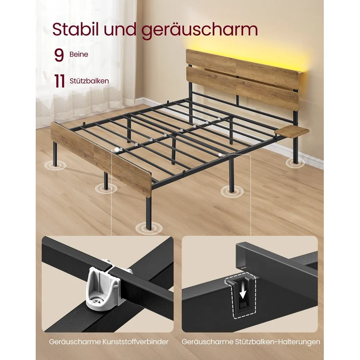 VASAGLE Einzelbettgestell, Bett, 140 x 200 cm, Metallrahmen, LED-Beleuchtung, USB-A- und USB-C-Anschluss, Unterbettaufbewahrung, Industrie-Stil, einfache Montage – Bild 4