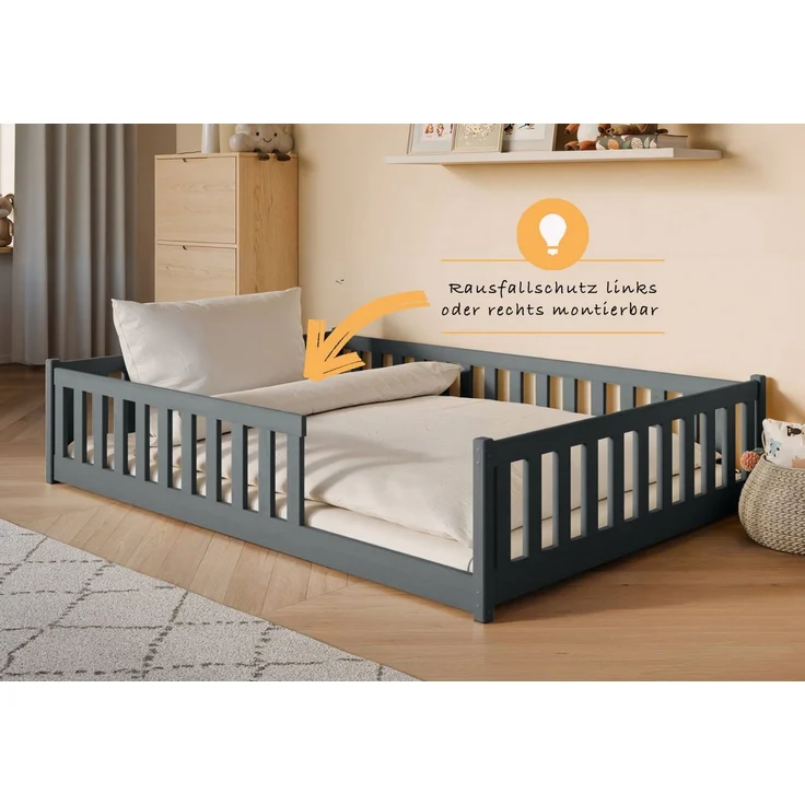 Kids Collective Kinderbett Bodenbett Bett mit Rausfallschutz & Lattenrost Montessori Bett Kinder (weitere Größen 80x160, 80x180, 90x190, 90x200, 120x200 cm), Jugendbett Einzelbett Graphit Kiefer 140x200 cm – Bild 4