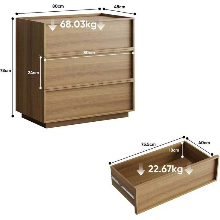 SONNI Schubkastenkommode Kommode mit 3 Schubladen 80 x 48 x 78 cm Eichenfarbe, 3 Schubladen, griffloses Design, Metallschienen – Bild 3
