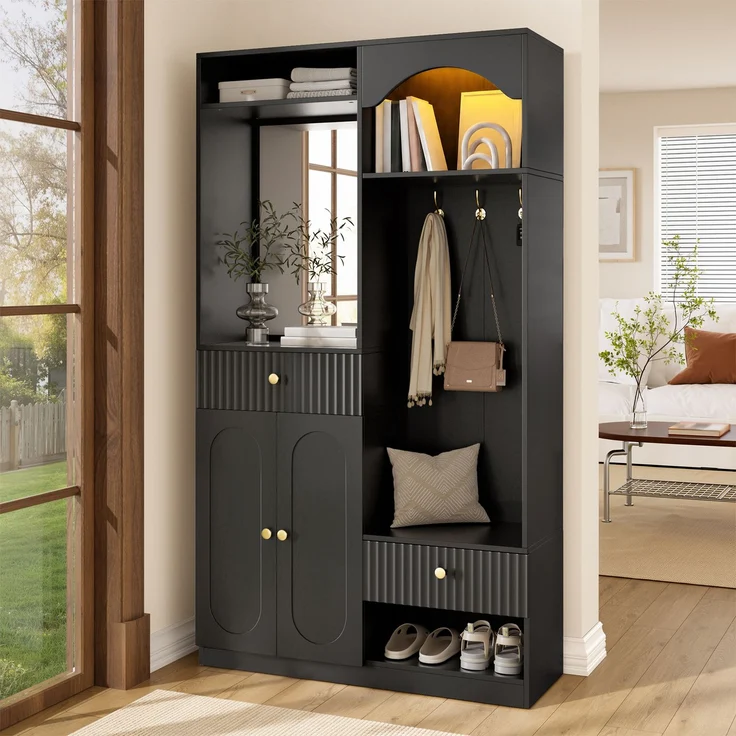 Faumrta Kompaktgarderobe mit Spiegel und Sitzbank,Flurgarderobe mit Schuhschrank und Haken, Kleiderhaken,Kompaktgarderobe,Flurmöbel Set,Flurgarderobe,LED-Streifen mit einstellbarer Farbe100CM*35CM*180CMSchwarzMDF (Medium-Density-Faserplatte) – Bild 5