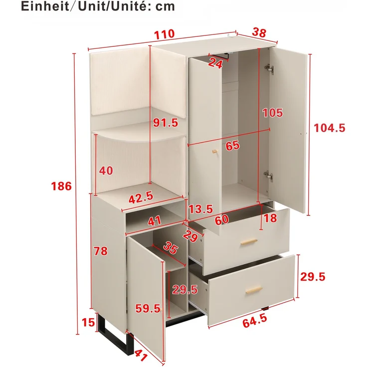 CHICFURN Schrank 110x186x38 cm mit gepolsterten Stoffpaneelen und 2 Schubladen – Beige+Grau – Bild 10