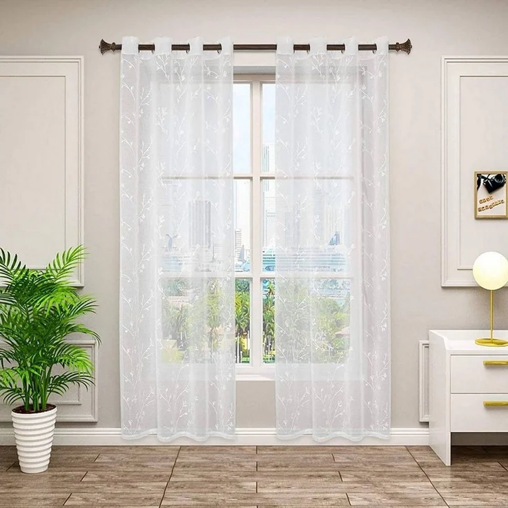Woltu Gardine (2 St), transparent Blumen Stickerei mit Ösen Leinen Optik – Bild 5