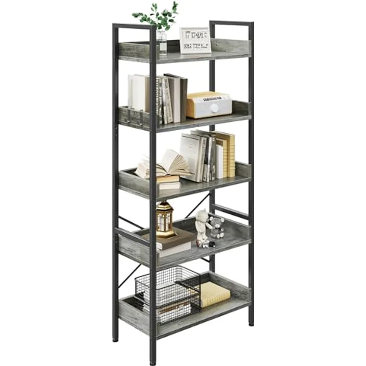 YITAHOME Bücherregal mit 5 Ebenen, bodenstehendes Bücherregal, Holzregal und stabile Stahlrahmenregale mit 4 Haken, industrielles Lagerregal für Wohnzimmer, Heimbüro, Graues Standregal – Bild 7