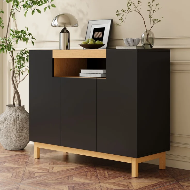 Merax Sideboard, Drei Türen, Geeignet für Wohn- und Esszimmer, Multifunktionales Aufbewahrungsmöbel, Schwarz – Bild 5