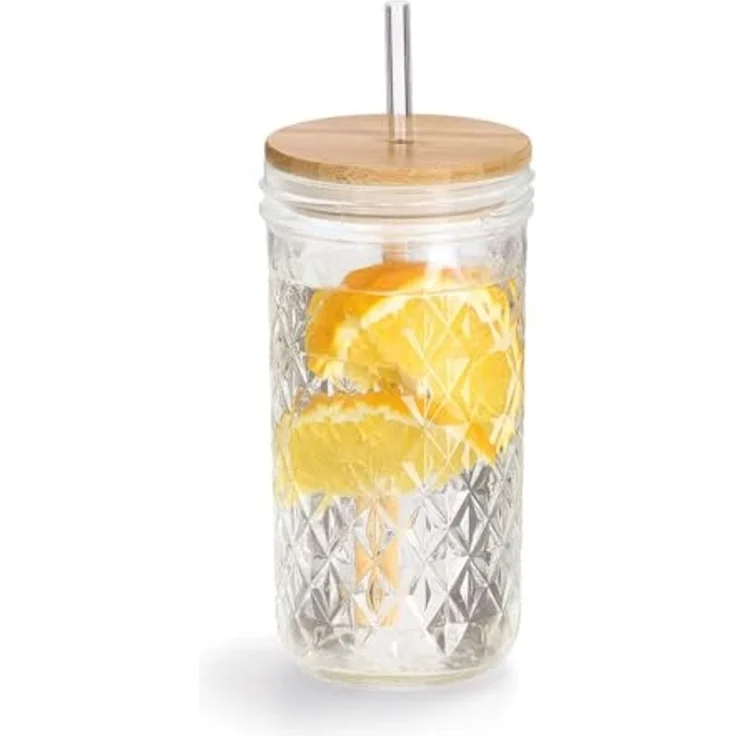 ZELLER 19648 Trinkglas mit Bambusdeckel und Glasstrohhalm, Ø 8,9 x 16,4 cm – Bild 2