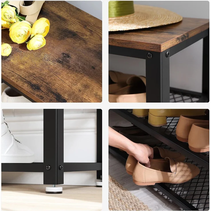 Vasagle Wandgarderobe, Schuhbank, Wandregal mit Ablage und 10 Haken, Schuhregal mit 3 Ebenen, Aufbewahrung, Metallgestell, für Flur, Eingangsbereich, Industrie-Design, vintagebraun-schwarz – Bild 7