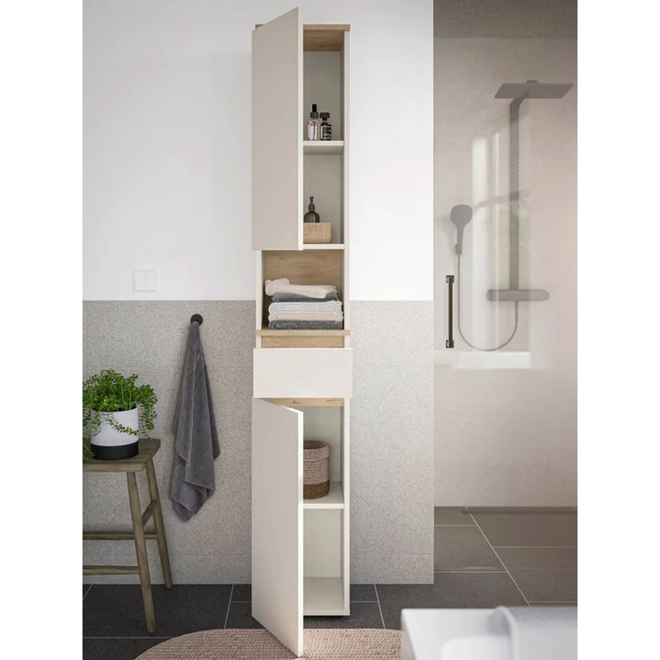 moebel-dich-auf Hochschrank LONDRES (Hochschrank mit Türen, Schublade und offenem Fach, B/H/T: 30/190/30 cm) in kaschmir oder anthrazit, Absetzung: Cremona Eiche – Bild 2