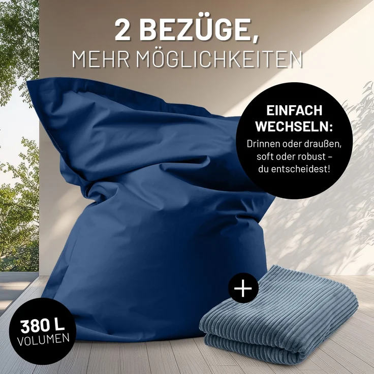 Lumaland Sitzsack Classic XXL All-in-One Set | Riesen Sitzsack XXL mit Cord & Outdoor Bezug für drinnen & draußen | Sofa Sessel mit im Innensack sicher verpackter EPS-Füllung – Hüllen Easy wechselbar – Bild 4