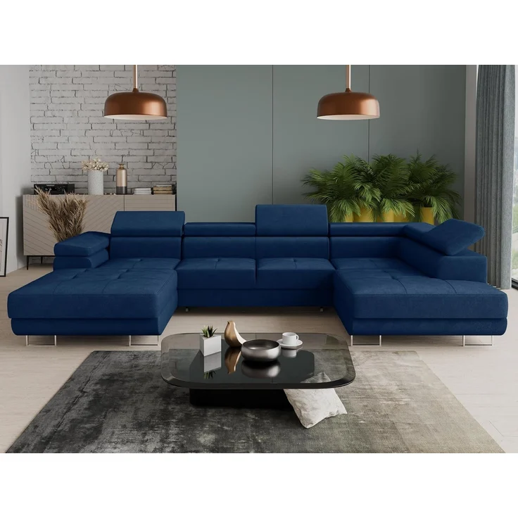 Wohnlandschaft Caris U mit Schlaffunktion, einstellbare Kopfstützen und zwei Bettkästen (Blau (Kronos 09), Ecksofa Links) – Bild 2