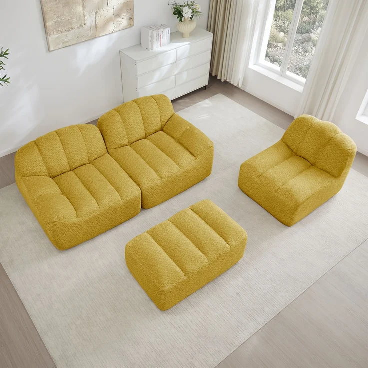 EINHOM 3-Sitzer L-förmiges Modulares Sofa mit 1 Ottoman, Boneless Sofa aus 32D Hochdichtschaum, tiefe Sitzfläche, ideal für Wohnzimmer, weicher Stoff, Gelb – Bild 5