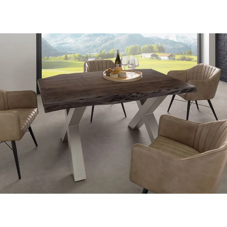 Baumtisch Akazie 140x90x77 grau lackiert / X-Beine silber matt FREEFORM 5 – Bild 3