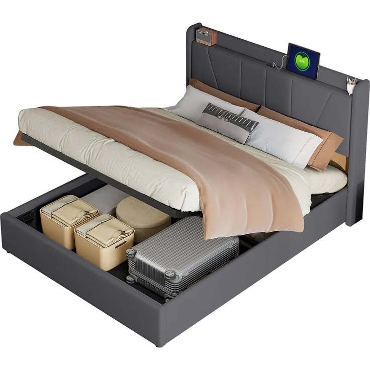 FUROKOY Polsterbett Doppelbett Stauraumbett Hydraulisch anhebbarer mit LED Licht USB+TypeC, 140x200 cm,Gepolstert,Speicherfunktion,Grau,Leinenmaterial