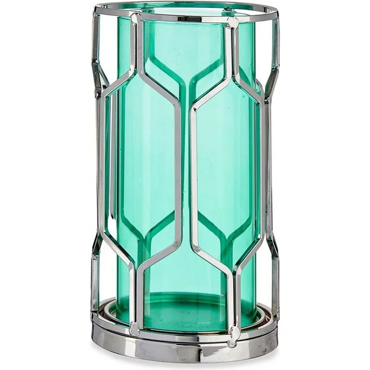 Kerzenschale Silberfarben Blau Metall Glas (11,5 x 19,5 x 11,5 cm)