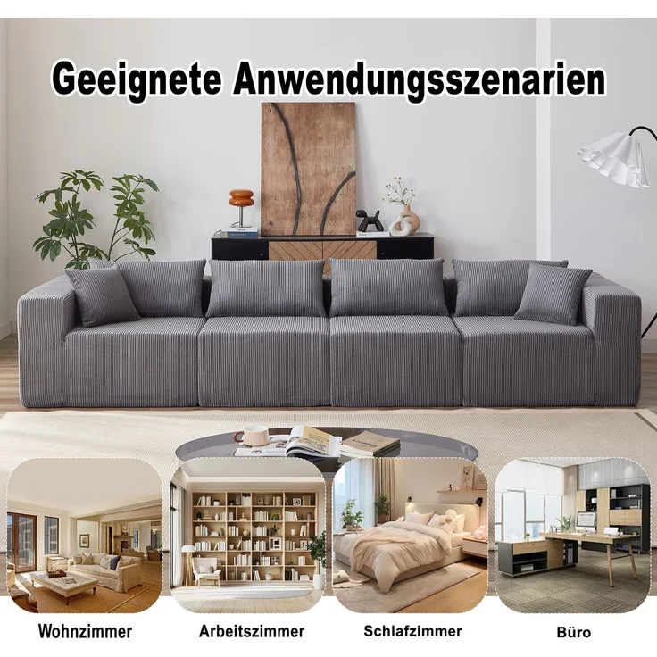 Sofa modular in L-Form mit extrabreiter Sitzfläche, Cordbezug und Schaum-/Federpolsterung, Grau,71x264x167 cm – Bild 9