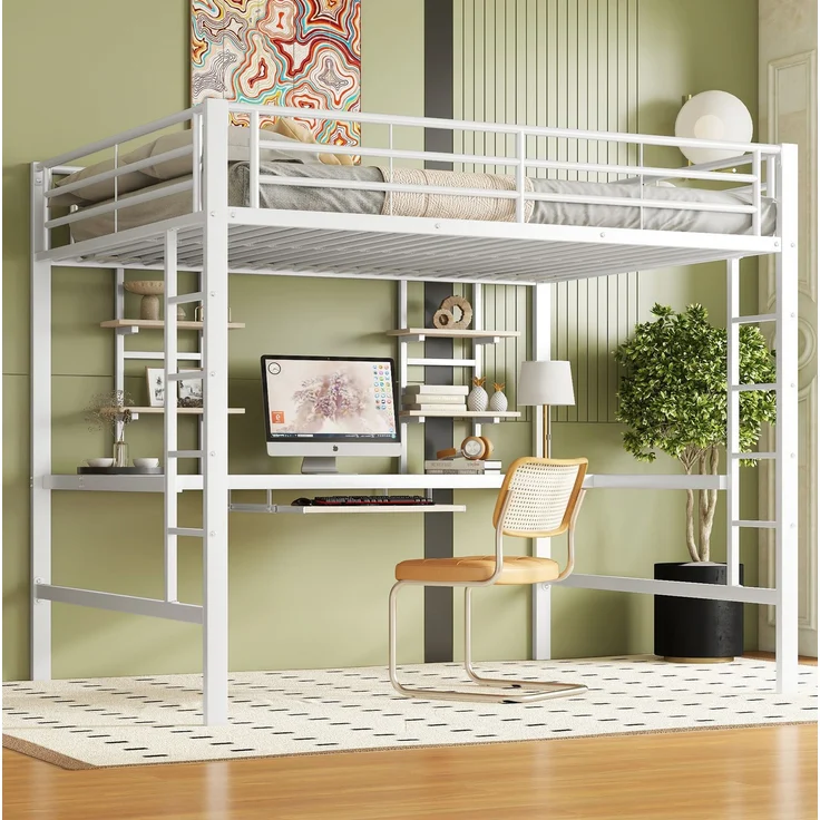 Hochbett 140x200 cm mit Schreibtisch und 2 Regalen – Metallbett in Weiß – Bild 3