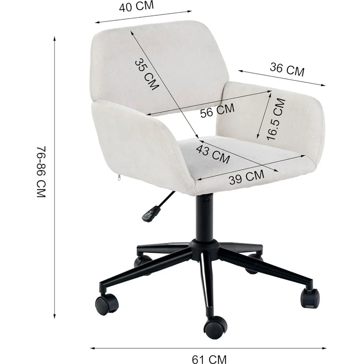 39F FURNITURE DREAM Skandinavischer Bürostuhl aus Stoff, beige, drehbar, höhenverstellbar und 5 Rollen für Kinder, die zu Hause Arbeiten, 56,5 x 57,5 x 75-85 cm – Bild 3