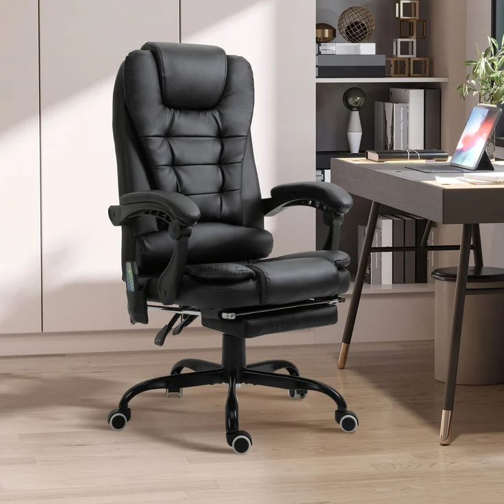 Massage-Bürosessel, Bürostuhl, ergonomischer Stuhl mit Höhenverstellung, neigbarer Rückenlehne und kabelgebundener Fernbedienung, ausziehbarer und um 360° drehbarer Fußstütze, schwarz – Bild 3