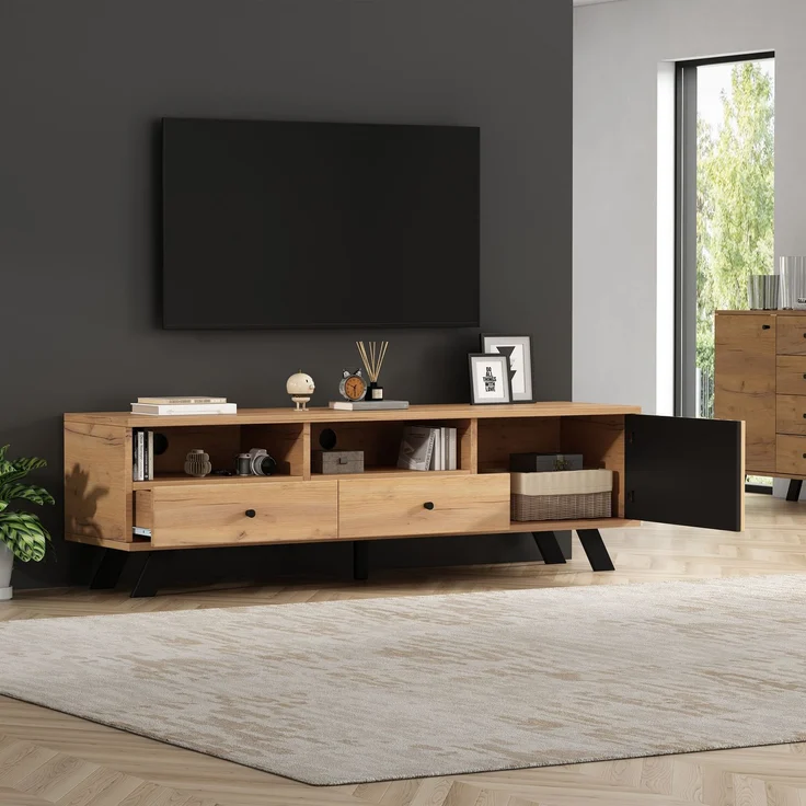 TV-Schrank 150 cm mit Holzmaserung in Natur & Schwarz – Fernsehschrank mit 2 Schubladen, 1 Schrank & offenen Fächern – Bild 5