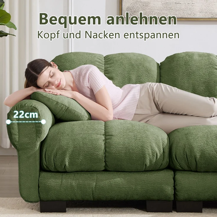EINHOM 3-Sitze L-förmiges Cloud Sofa, inklusive mobiler Ottomane und 2 kleinen Dekokissen, Feines Steppdesign, Dicke Sitzkissen, Weich und Stützend, Einfach Aufzubauen, geeignet für das Wohnzimmer, grün – Bild 7