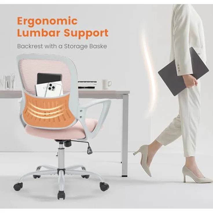 Sweetcrispy Bürostuhl Ergonomisch, Schreibtischstuhl mit Lendenwirbelstütze, Höhenverstellbarkeit Stuhl, Bürostühle mit Armlehne, Office Chair Geeignet für Büro Schlafzimmer, Rosa – Bild 8