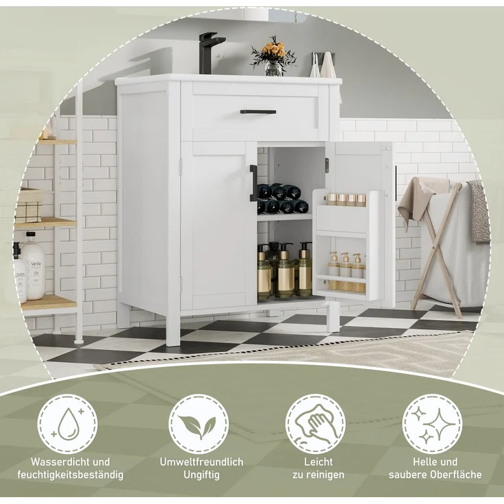 60 x 46 x 84,8 cm Bodenstehender Badezimmerschrank mit Waschbecken,Waschtisch,Volllackierung, Doppeltürregale, praktische Schubladen, verstellbare Regale, integriertes Keramikwaschbecken,weiß – Bild 6