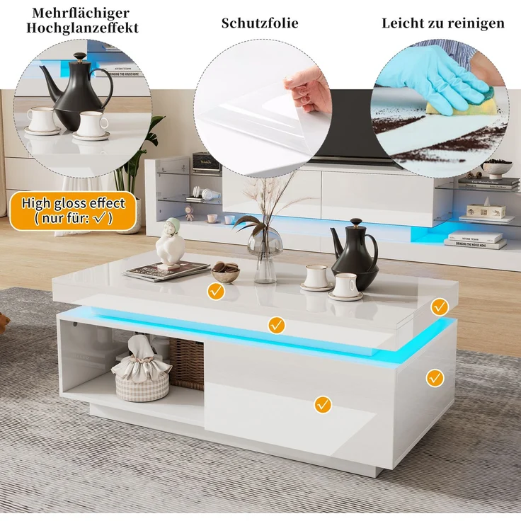 Couchtisch mit LED-Beleuchtung und Schublade, moderner Wohnzimmertisch, Stauraum – Bild 8