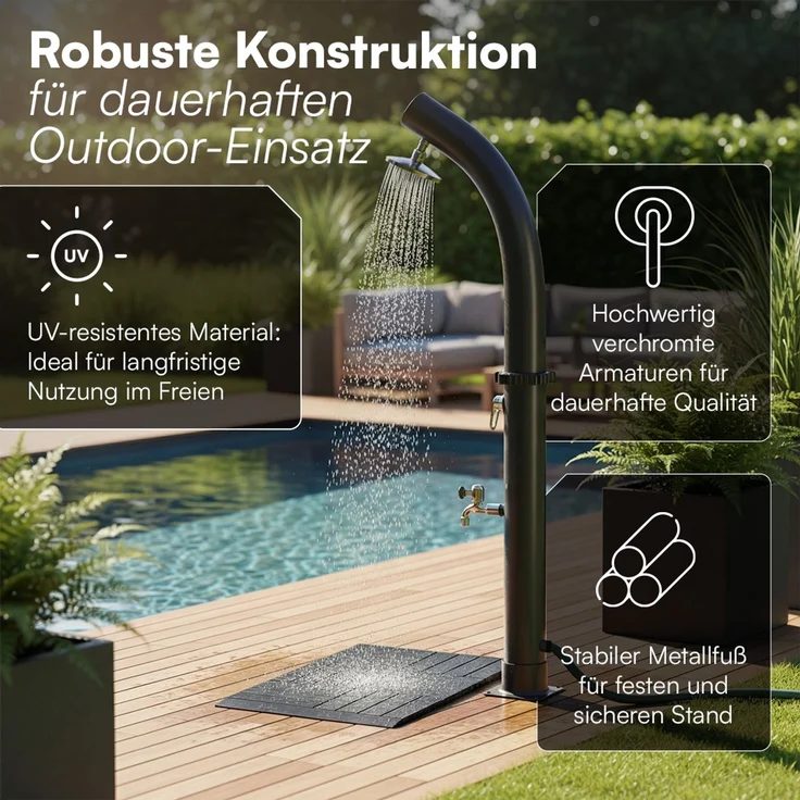 STEELSØN 'Selara' Solardusche 20 Liter, schwarz, warmes Wasser bis 60°C, Gartendusche mit schwankendem Regenduschkopf und Wasserhahn, Outdoor Dusche inkl. Schutzhaube und Kunststoffboden – Bild 3