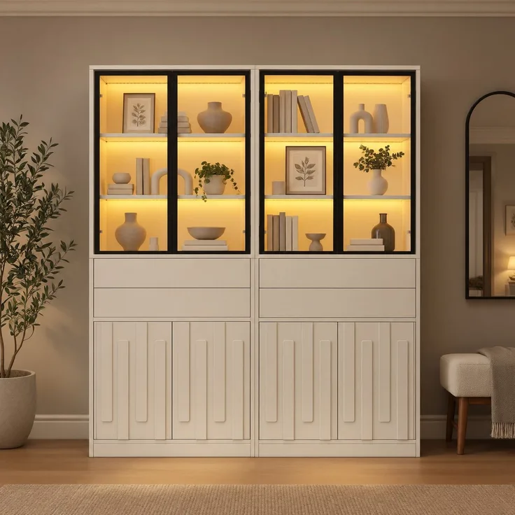 Zweiteilige Vitrine, B 140 x T 34 x H 180 cm, mattweiße Spanplatte, kombinierbar, mit LED-Beleuchtung