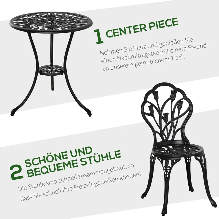 Bistro-Tischgruppe, Tisch H 67 x Ø 60 cm, schwarzes Aluminium, mit 2 Stühlen – Bild 4