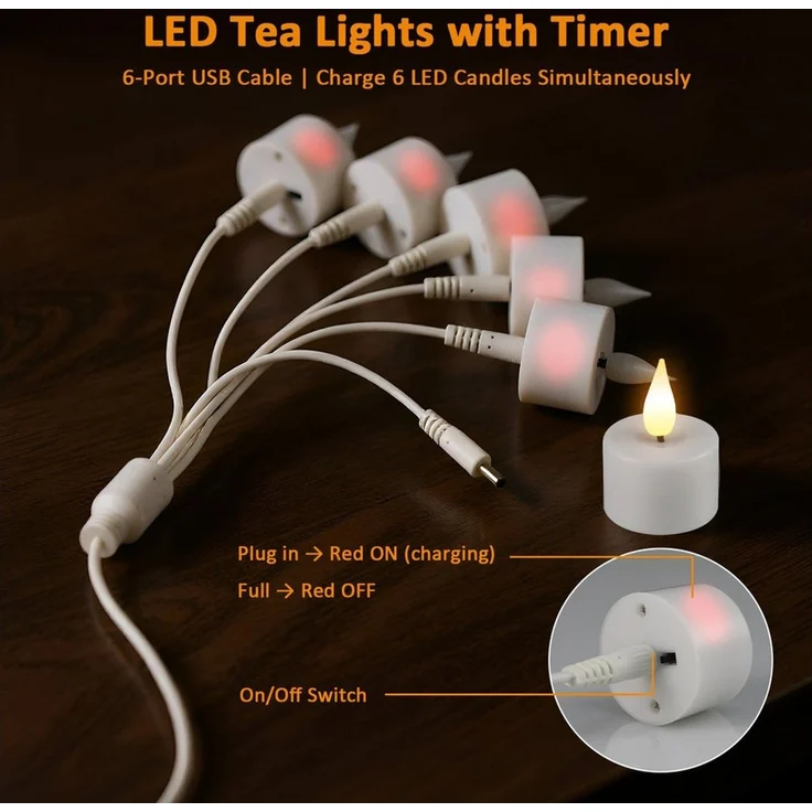 OZAVO LED-Teelichter 6/12er set Aufladbar LED Teelichter mit Timer Fernbedienung USB-Kabel, warmweiß, Flammenlose LED Teelichter Dimmbar für Hochzeiten Partys – Bild 3