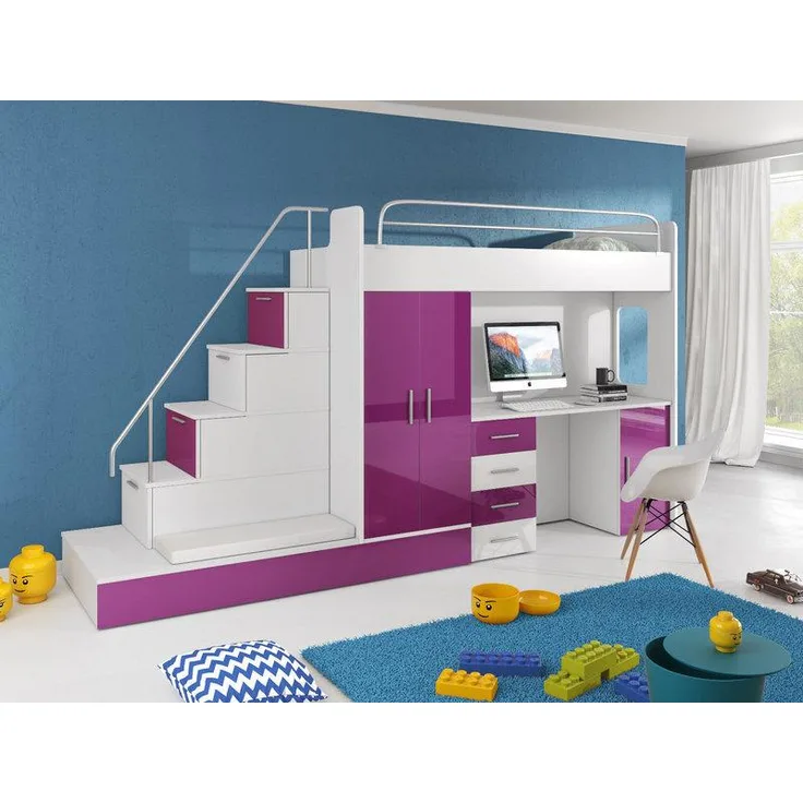 DOPPELSTOCKBETT VIOLETT STOCKBETT BETT KINDERZIMMER ETAGENBETT MIT SCHREIBTISCH