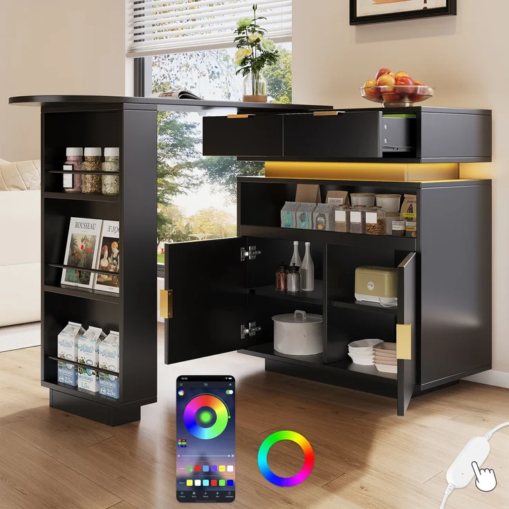 Merax Ausziehbarer Bartisch (115-183 × 40 × 99 cm), ausziehbare Kücheninsel, Bartisch mit Stauraum, LED‑Beleuchtung, 360° Drehfunktion, mobile Kaffeebar, geeignet für Küche und Esszimmer, Schwarz – Bild 1
