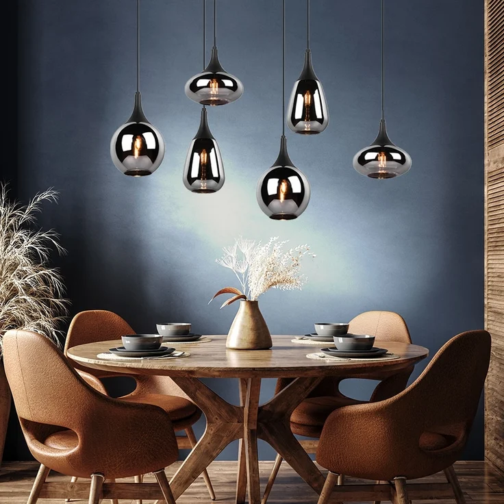 Hängeleuchte, Metall schwarz, Glas chrom, 6 Flammig, H 150cm – Bild 2