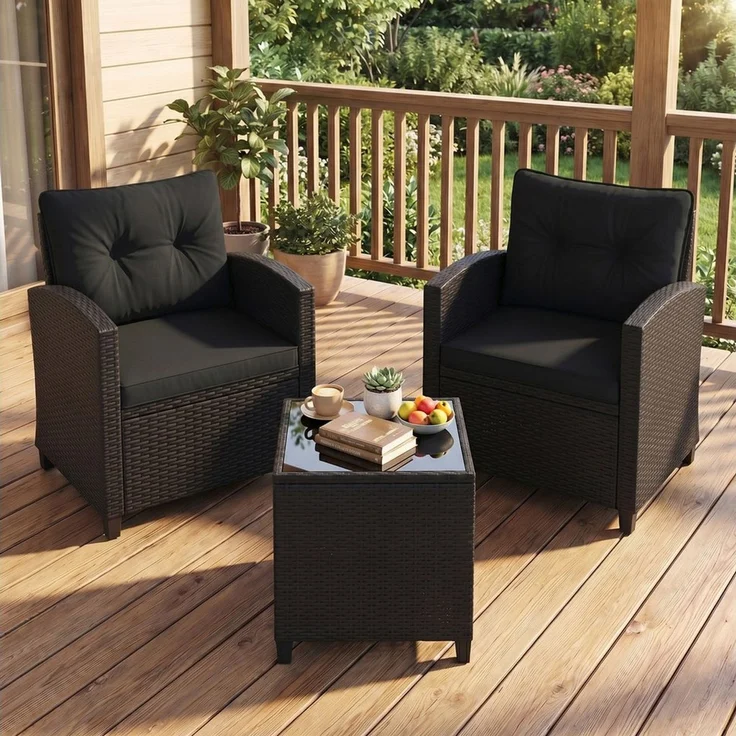 COSTWAY Balkonset, (3-tlg), Gartenmöbel Set Rattan mit Kissen, 2 Stühlen, Tisch – Bild 1