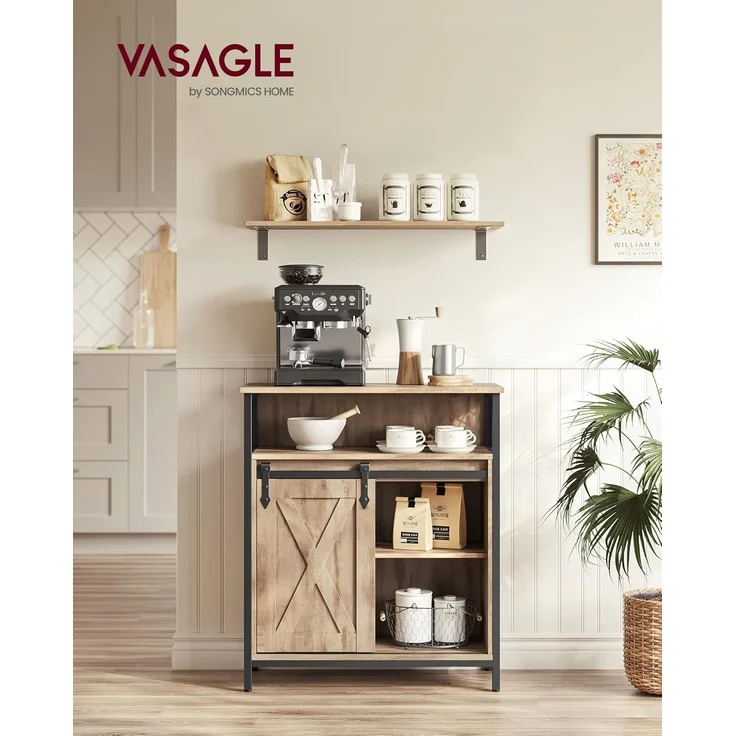 VASAGLE Sideboard, Küchenschrank, Aufbewahrungsschrank, mit Schiebetür, 30 x 70 x 80 cm, verstellbare Ablage, offenes Fach, Landhausstil, für Wohnzimmer, eichenbraun-schwarz LSC089B50 – Bild 2