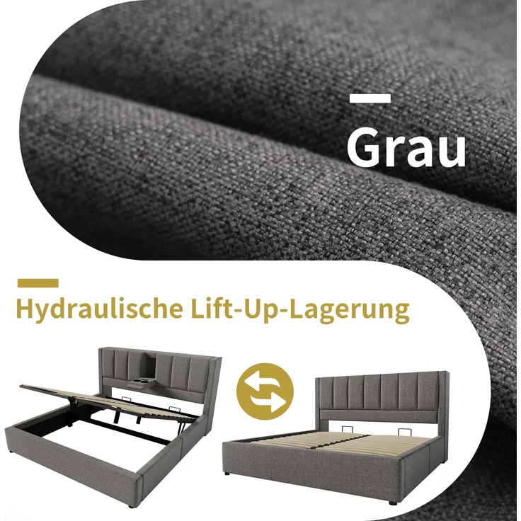 Doppelbett mit praktischer Klapp-Funktion, Leinen, 140x190 cm, Grau, ohne Matratze – Bild 8
