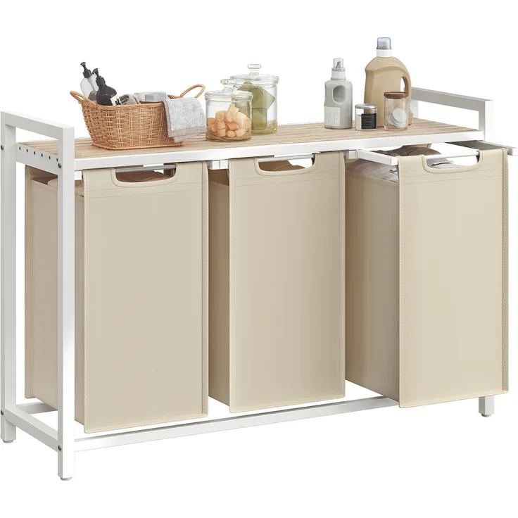 VASAGLE Wäschekorb 3 Fächer, Wäschesammler mit Ablage, Wäschebox, Wäschesack ausziehbar abnehmbar, 3 x 40 L, beige