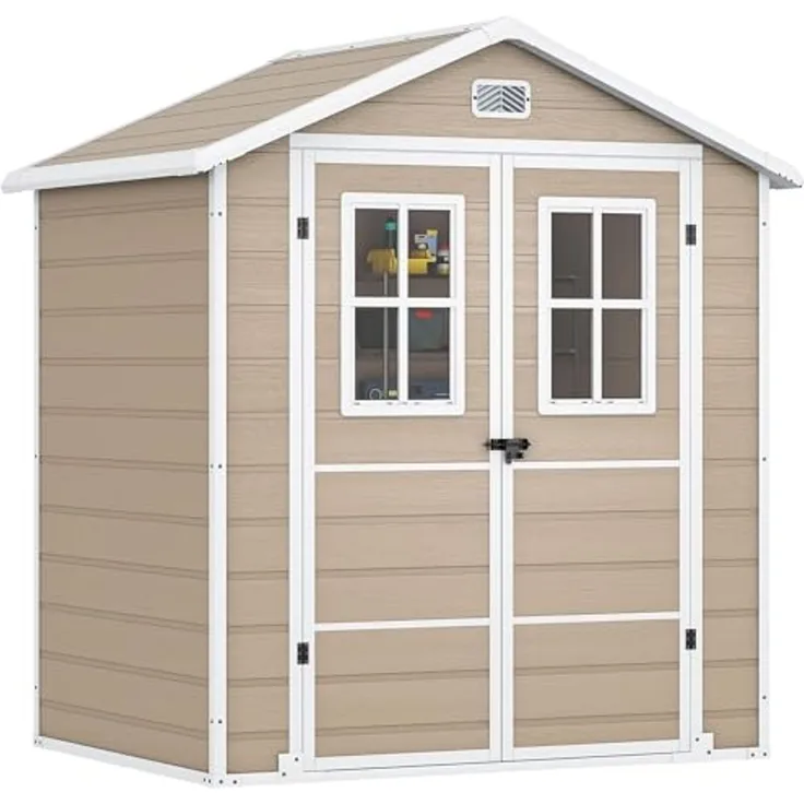 DWVO Gerätehaus Kunststoff 203 x 147 x 207 cm, Gartenschuppen mit Doppelwand & Fenstern, Wetterfester Aufbewahrungsschuppen für Rasenmäher, Gartengeräte & Fahrrad, Abschließbar, Beige