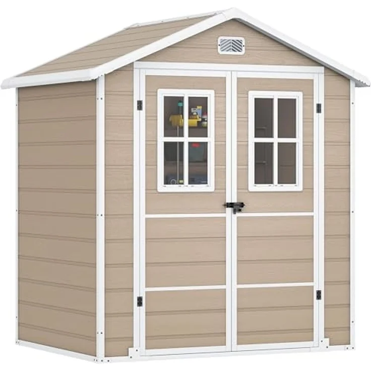 DWVO Gerätehaus Kunststoff 203 x 147 x 207 cm, Gartenschuppen mit Doppelwand & Fenstern, Wetterfester Aufbewahrungsschuppen für Rasenmäher, Gartengeräte & Fahrrad, Abschließbar, Beige – Bild 1