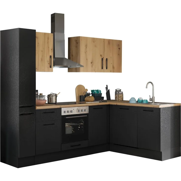 Turin L Eckküche 250 x 211 x 60 cm, schwarz - Basic Küchengeräte - Moderne, geräumige Küche in Artisan-Eiche Optik mit viel Stauraum – Bild 1