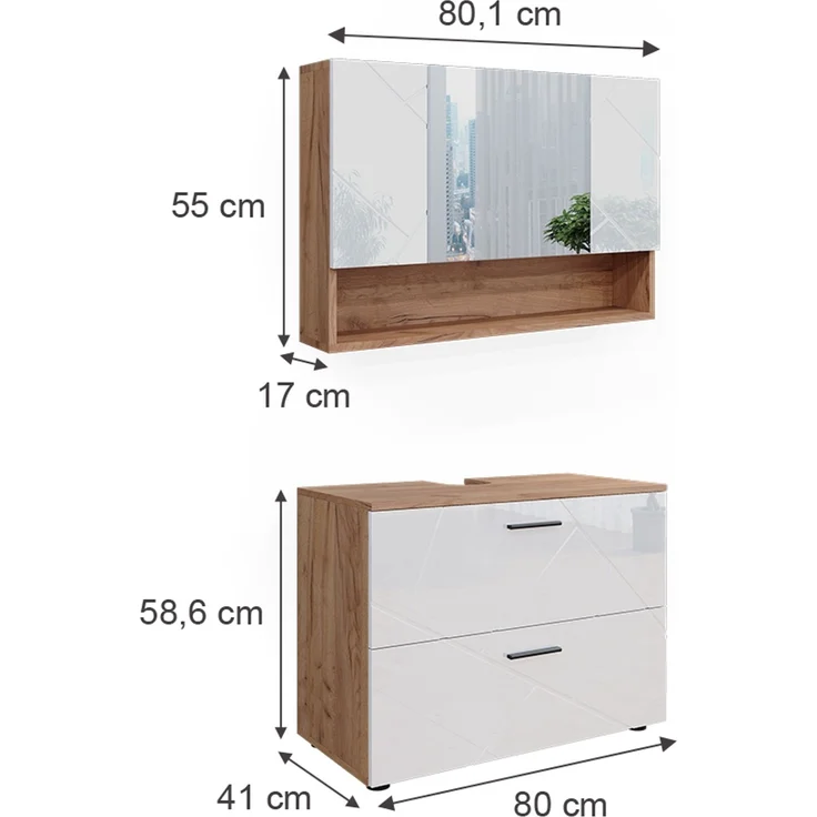Badmöbel-Set Irma Weiß Hochglanz/Goldkraft Eiche 2-teilig Vicco – Bild 3