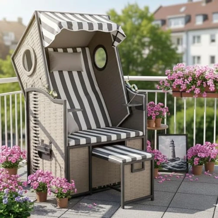 Wohnando Strandkorb Single Strandkorb "Kapitän", 80x73x158cm (BxTxH), (1-tlg), im Martimen Design mit Bullauge – Bild 1