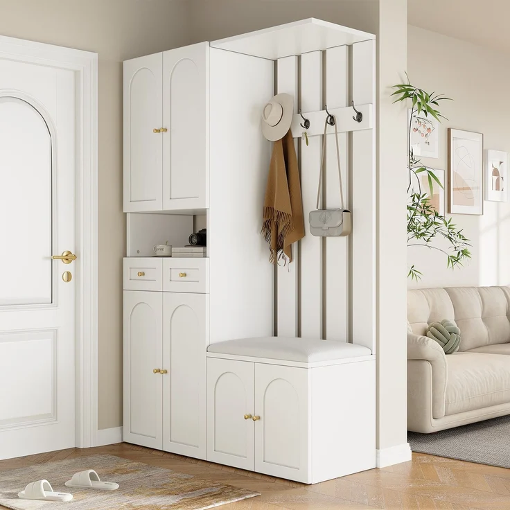 Flurbank Schuhschrank mit Haken und 2 Schubladen Flurmöbel Aufbewahrung Weiß Modern Eingangsbereich – Bild 5