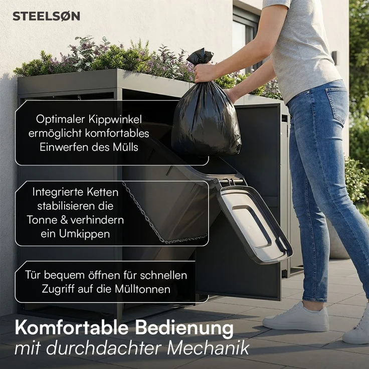 STEELSØN 'Thoria' Mülltonnenbox 5er je 240 Liter, anthrazit, Mülltonnenverkleidung aus Stahl, wetterfest, 125x80x337 cm, Müllbox mit Pflanzendach für 5 Tonnen – Bild 3