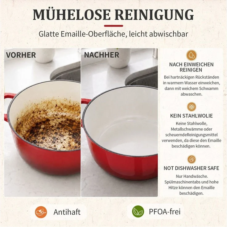 LALAHO Bratentopf 4,7/7,1L-Gusseisentopf mit Edelstahlgriff, Eisen, Edelstahl, Inklusive Ofenhandschuhen und Untersetzer – Bild 3