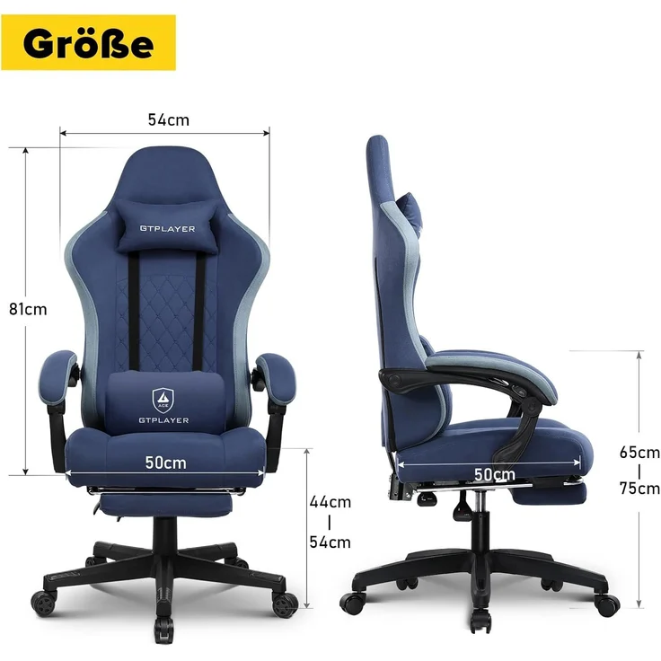 GTPLAYER Gaming Stuhl Ergonomischer Gaming Sessel Schreibtischstuhl mit Stoffoberfläche, Federsitzkissen, Verbindungsarmlehnen und Fußstütze blau – Bild 7