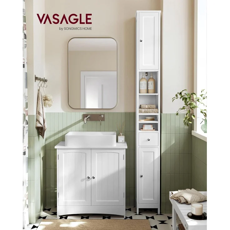 VASAGLE Badezimmerschrank, Badschrank, hoch, schmaler Aufbewahrungsschrank, mit verstellbaren Ablagen, Schublade, offenen Fächern, für kleine Räume, modern – Bild 2