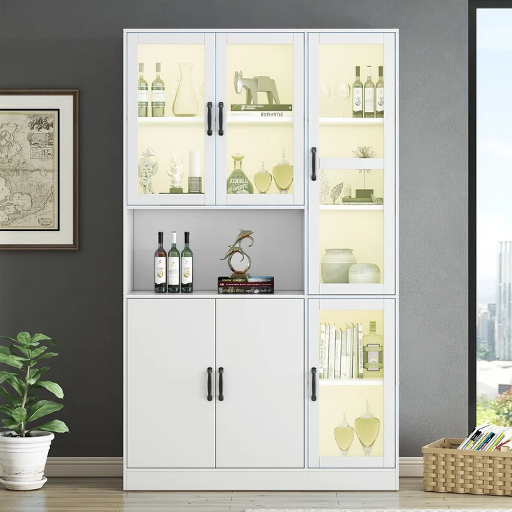 Bücherregal-Vitrine, mit LED-Licht, 4 Acryl- & 2 Holztüren, 9 Fächer, 120x40x200 cm, Weiß – Bild 1