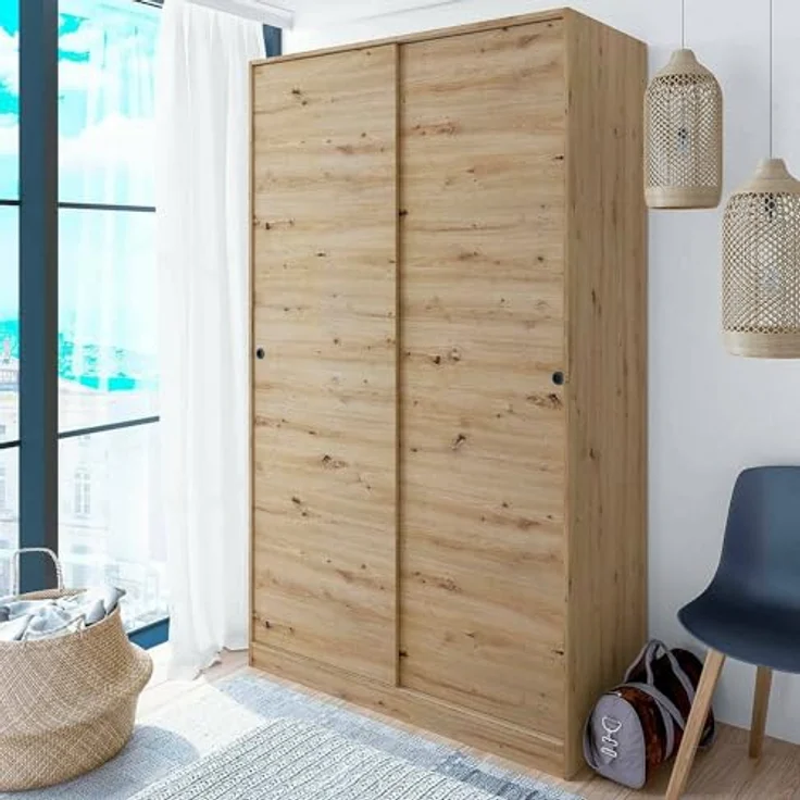 Dmora - Kleiderschrank 2 Türen Waterbury, Schlafzimmerschrank, Schrank mit 4 Regalen und Kleiderstange, 120x50h200 cm, Nodi-Eiche – Bild 2