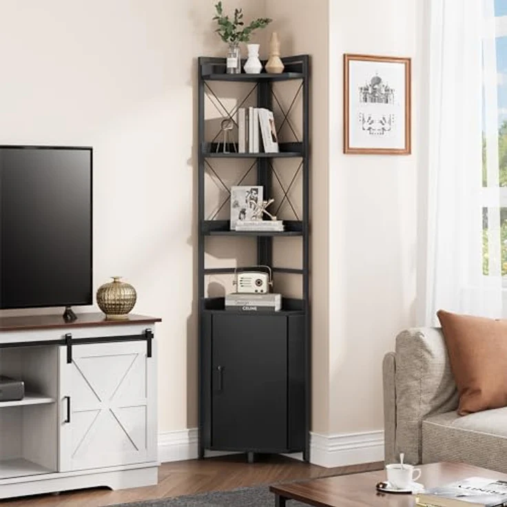 YITAHOME Eckregal mit 4 Ebenen, industrielles Bücherregal mit Schrank, freistehendes Bücherregale aus Holz, Lagerregale für Wohnzimmer, Heimbüro, Flur, Schwarze Standregal – Bild 2